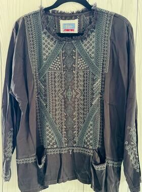 Johnny Was Peasant Embroidered Tassel-Tie Tunic w/Pockets Gray Size Small